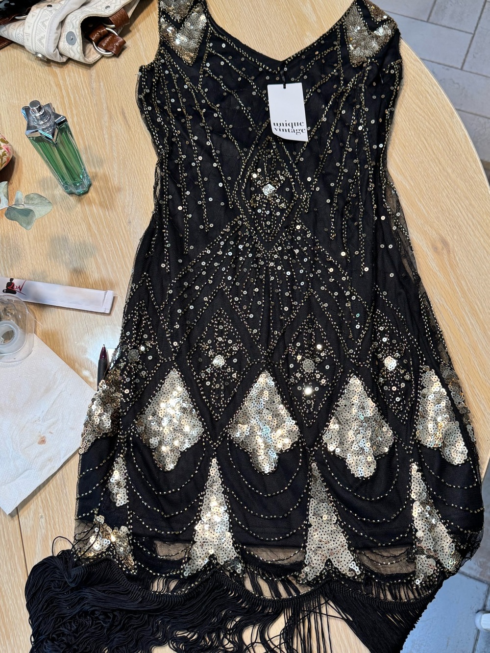 Unique Vintage Black & Gold Art Deco Sequin Fringe Midi Dress